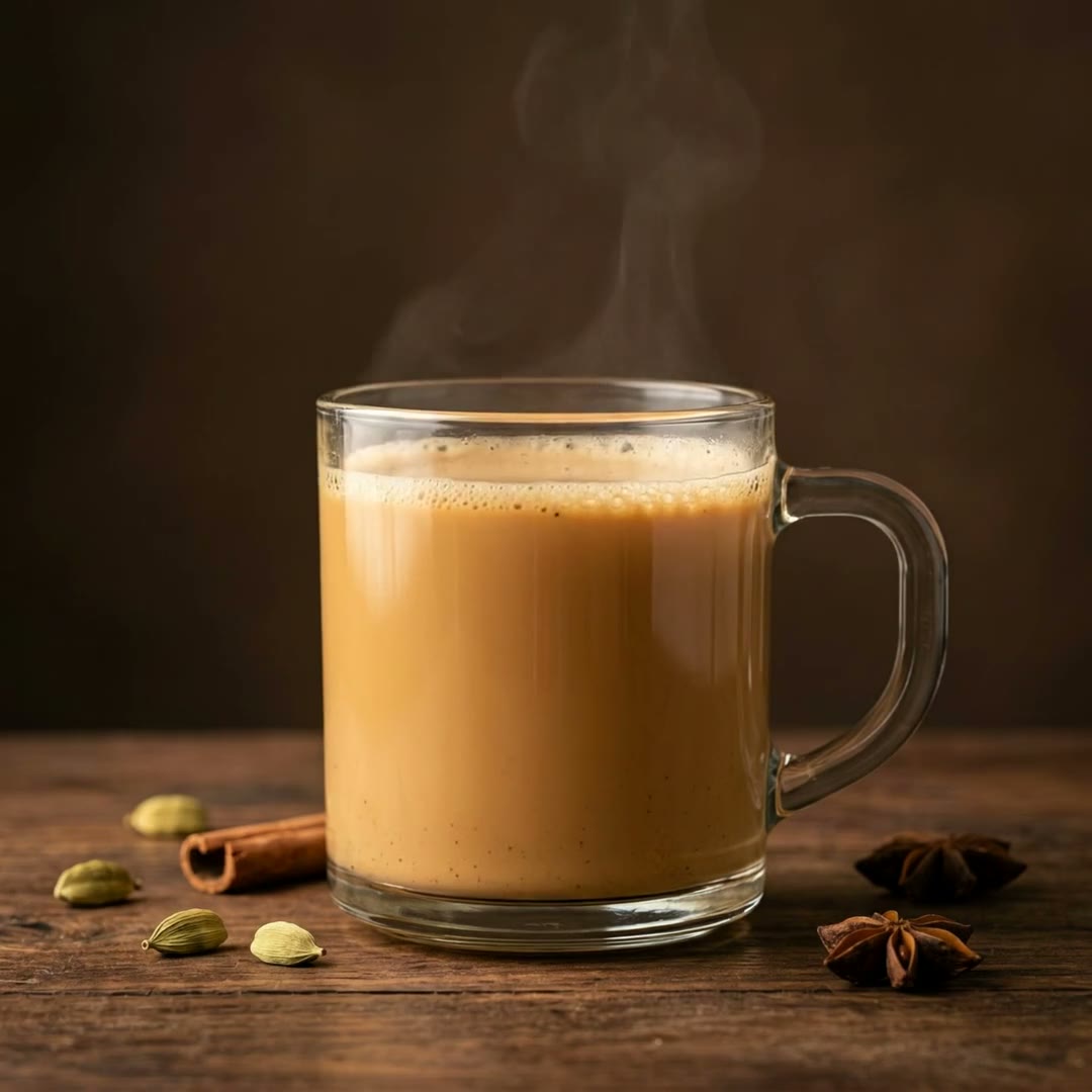 A finished glass mug of Royal Chai Masala Chai