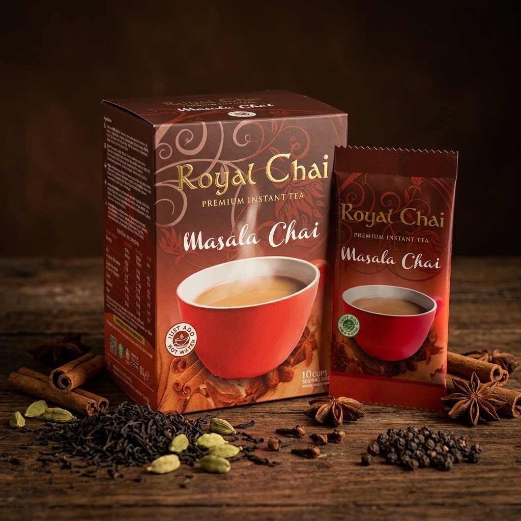 A box and sachet of Royal Chai Masala Chai on a wooden table with loose black tea, cardamom, cinnamon, star anise, cloves and black peppercorns
